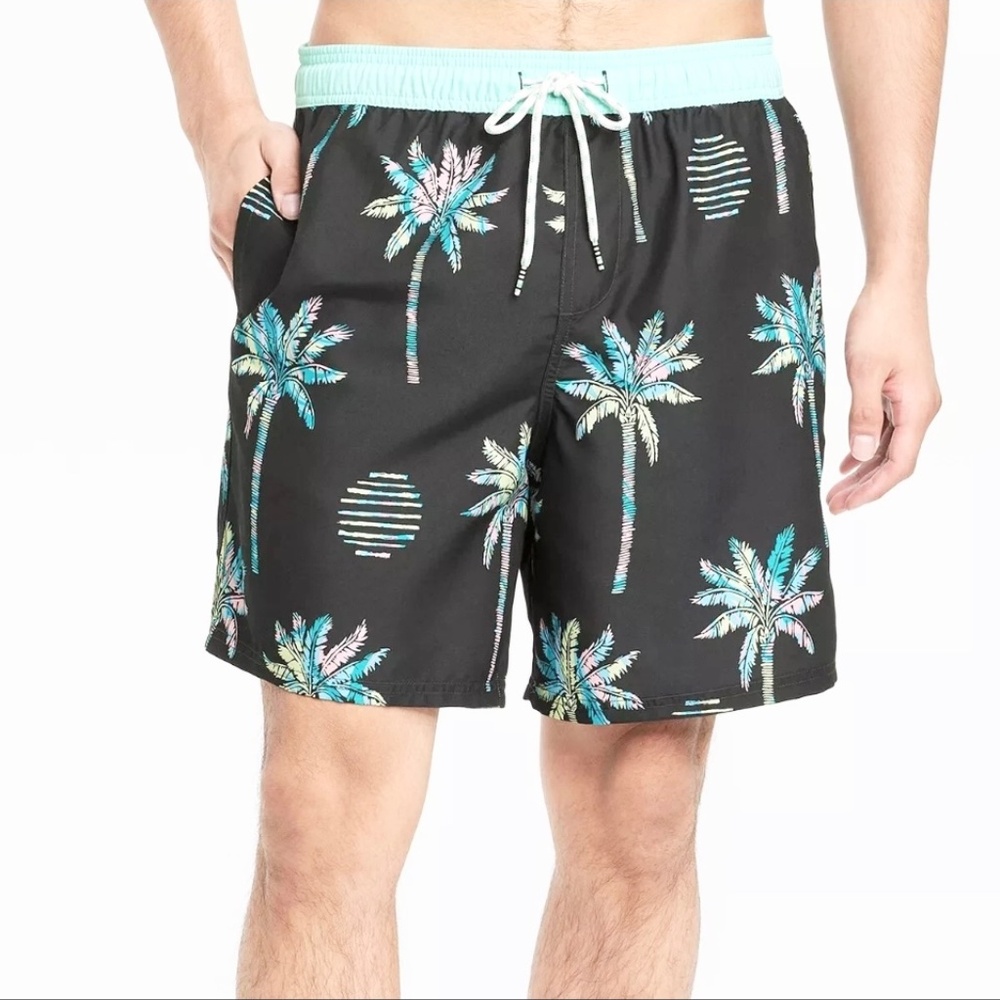 ORIGINAL USE - Mens XL Palm Print Swim‎ Trunks Black/Blue